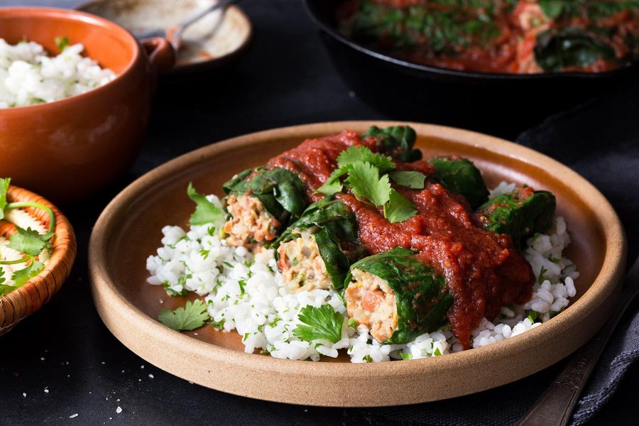 Chard “enchiladas” with pinto beans and Mexican simmer sauce