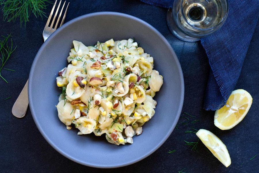 Orecchiette with corn, leeks and ricotta