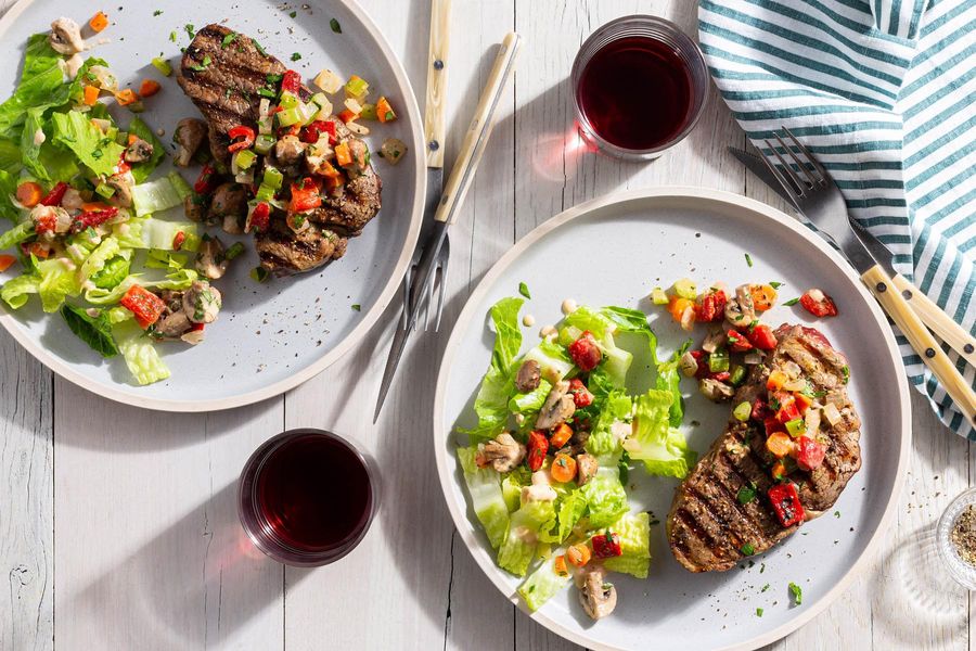 Seared steaks with mushroom “scungilli” salad