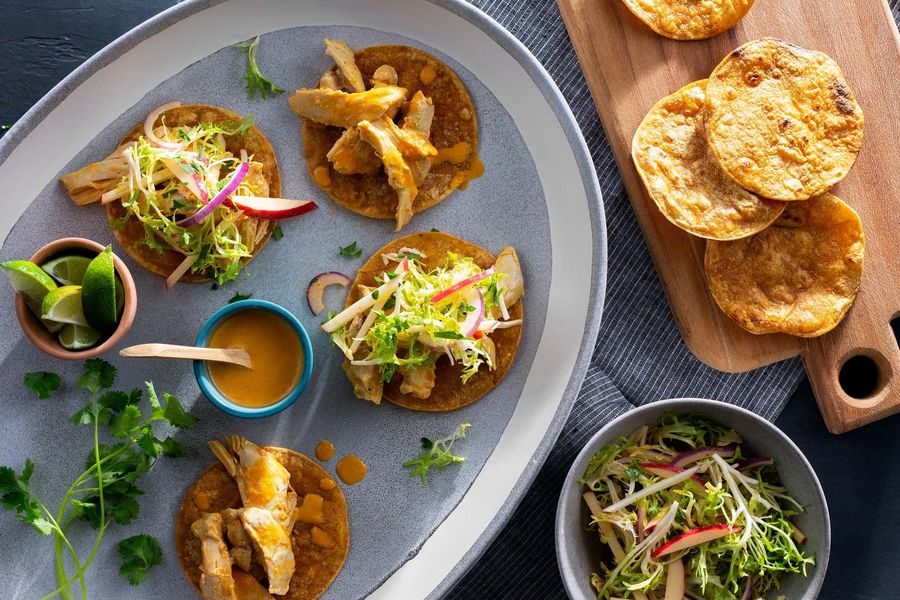 Thai-spiced chicken tostadas with frisée and apple slaw