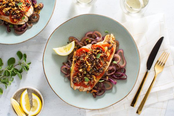 Roasted sole with caramelized onions and fried shallot–olive tapenade