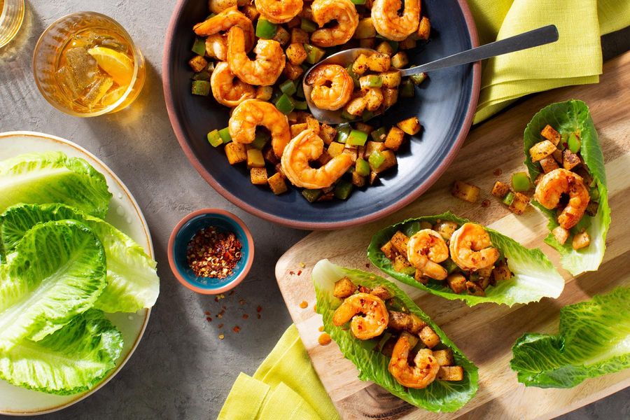 Lettuce cups with maple glaze, spiced potatoes, and bell pepper