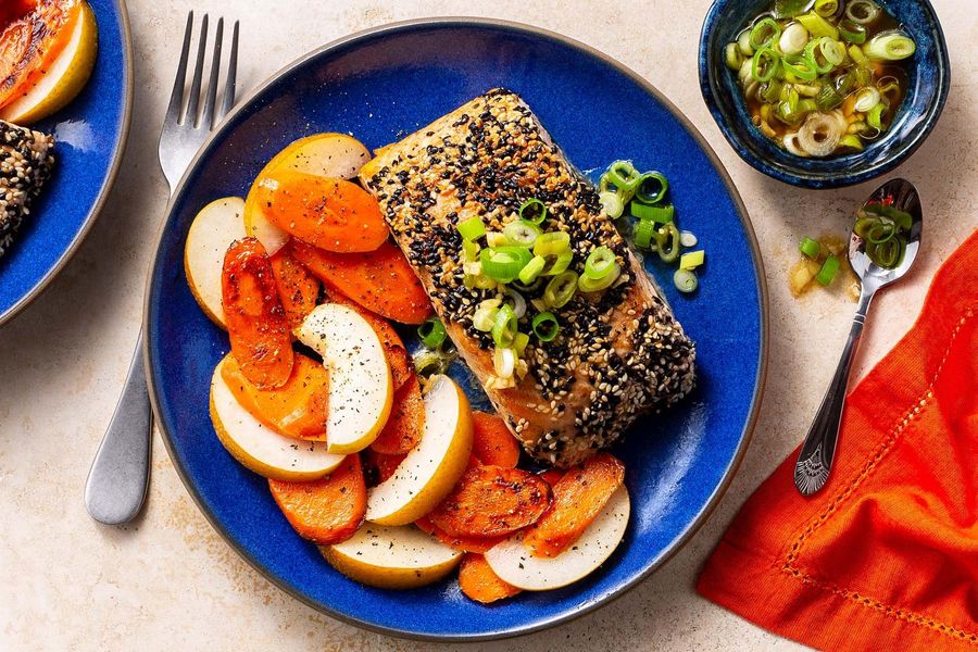 Sesame-crusted salmon with scallions and warm carrot salad