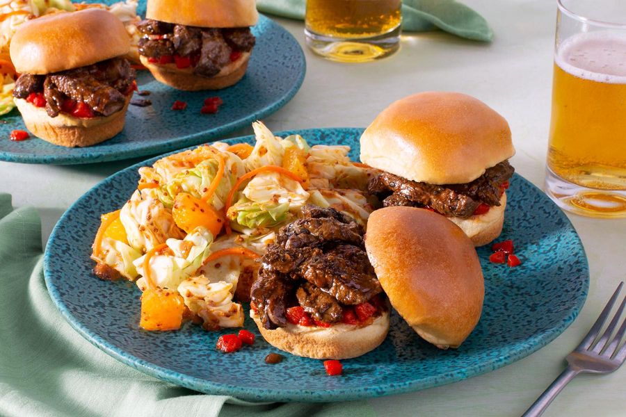 Jamaican steak sliders with roasted red peppers and orange-chipotle slaw