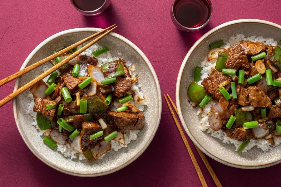 Spicy Chinese black pepper steak with bell pepper and jasmine rice
