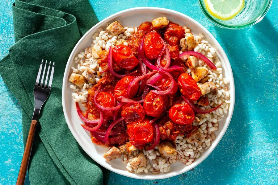 Honey-ginger chicken and barley with roasted tomatoes and pomodoro sauce