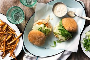 Salmon burgers with caper remoulade and roasted matchstick fries