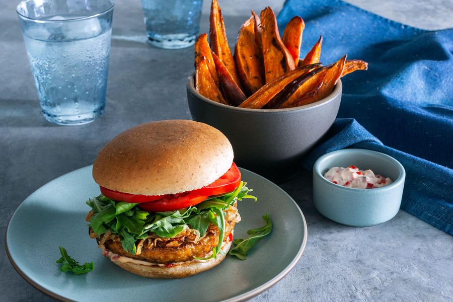 Tofu burgers with roasted red pepper mayo and sweet potato wedges