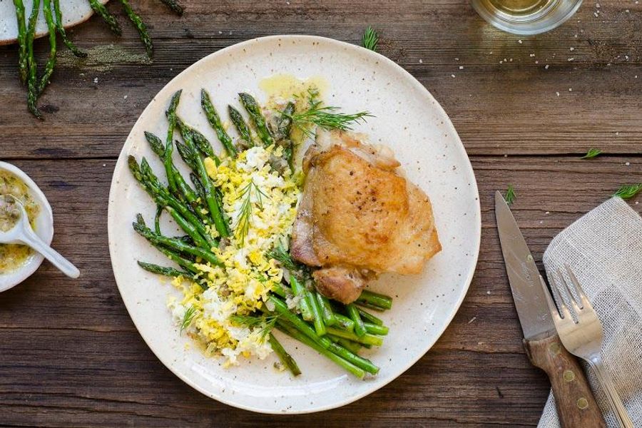 Roast chicken and asparagus with egg and mustard vinaigrette 