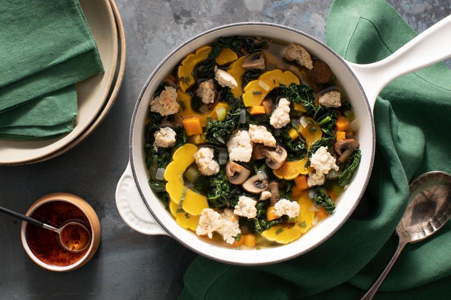 Squash and kale soup with Urfa chile oil and your choice of protein