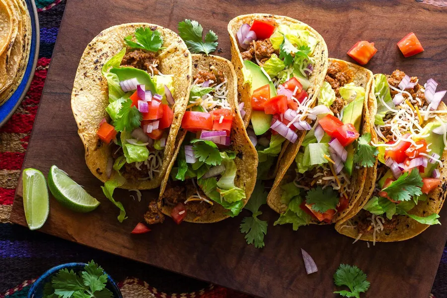 Fully loaded beef tacos with Mexican simmer sauce