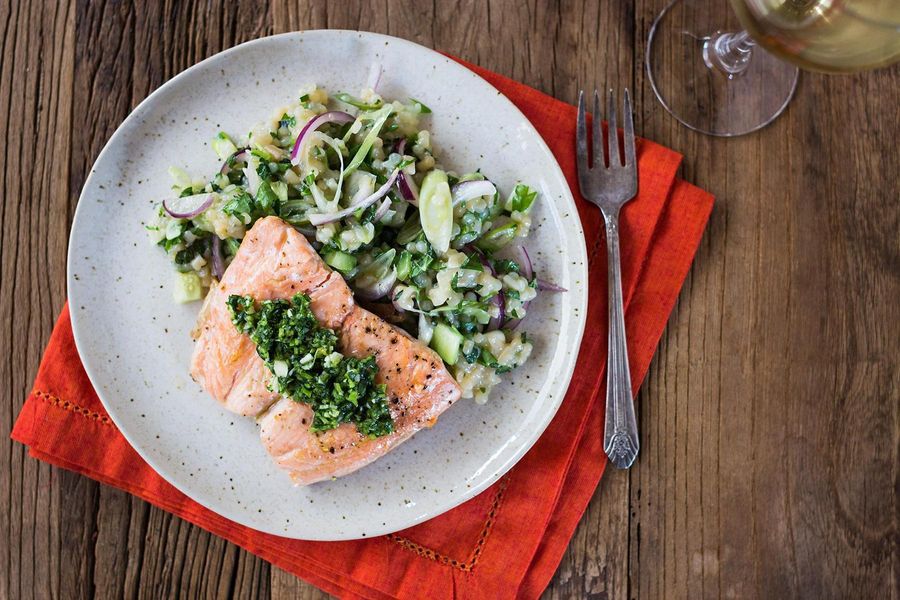 Seared salmon with herb couscous and cilantro pesto