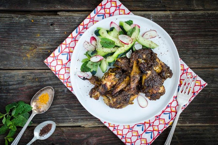 Moroccan-spiced chicken wings with cucumber, radish and mint salad 