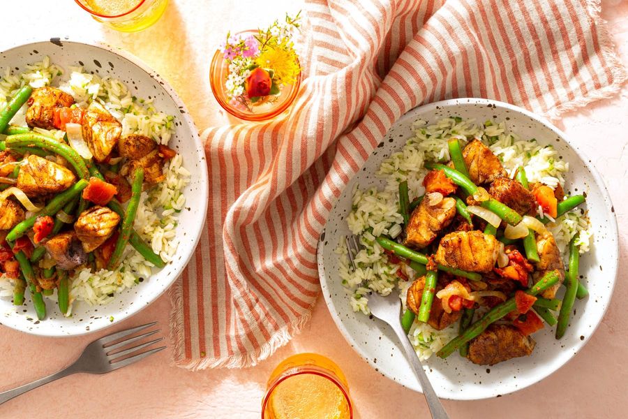 Turmeric pollock with tamarind green beans over spicy jalapeño rice