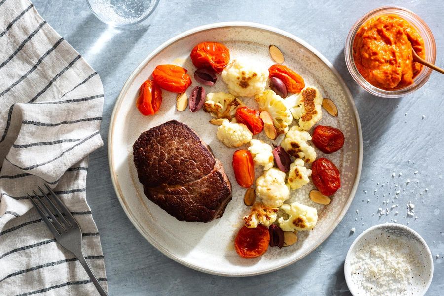 Your choice of protein with roasted red pepper ajvar and cauliflower