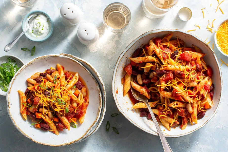 Two-bean chili mac ’n’ cheese with penne