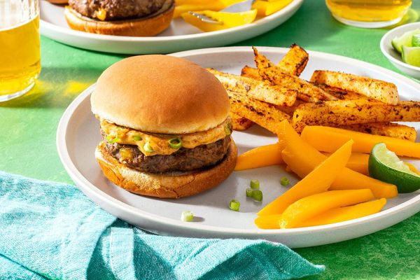 Southwestern pork burgers with mango, chipotle mayo, and jicama fries