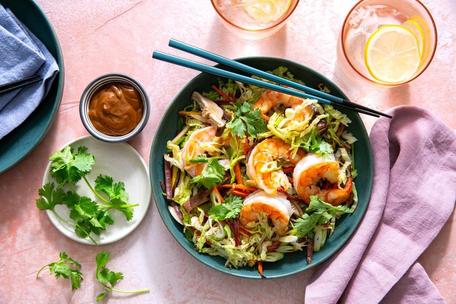 Mu shu bowls with shiitake mushrooms, cabbage, and hoisin sauce