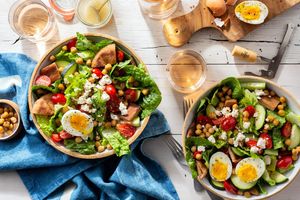 Fattoush salad with soft-cooked eggs and za’atar-spiced chickpeas