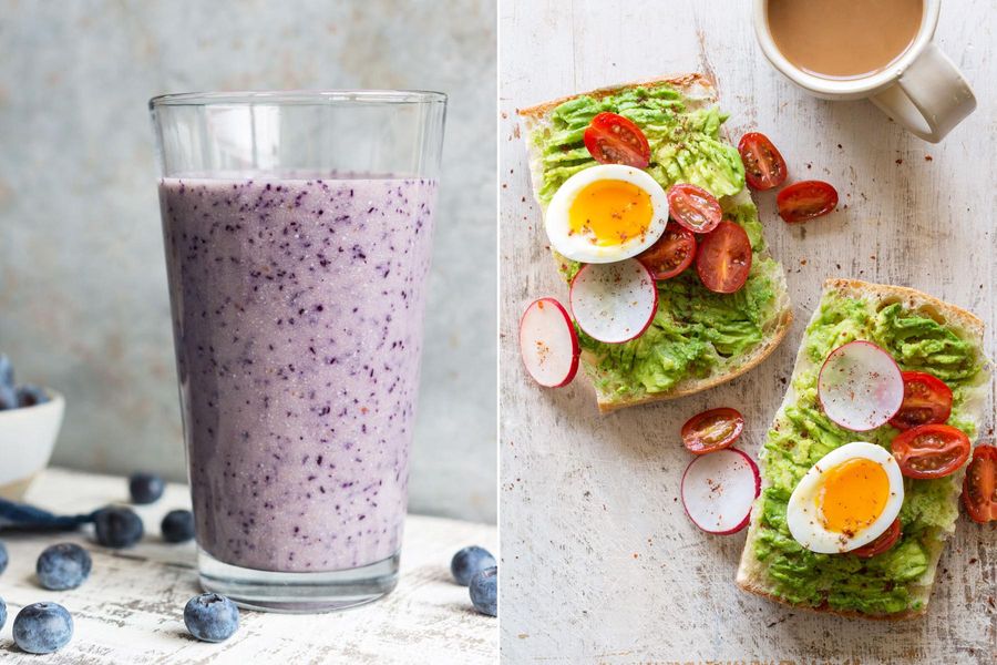 Blueberry-cashew smoothies & Avocado toasts with soft-cooked eggs and cherry tomatoes