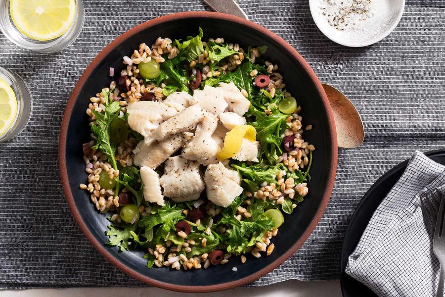 Simple lemon-poached sole over farro salad