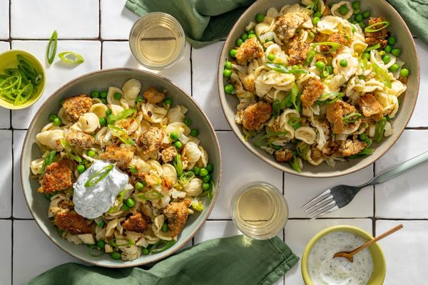 Lamb orecchiette with cabbage, peas, and lemon-dill yogurt