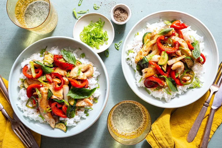 Rainbow stir-fry with chicken, Thai basil, and jasmine rice