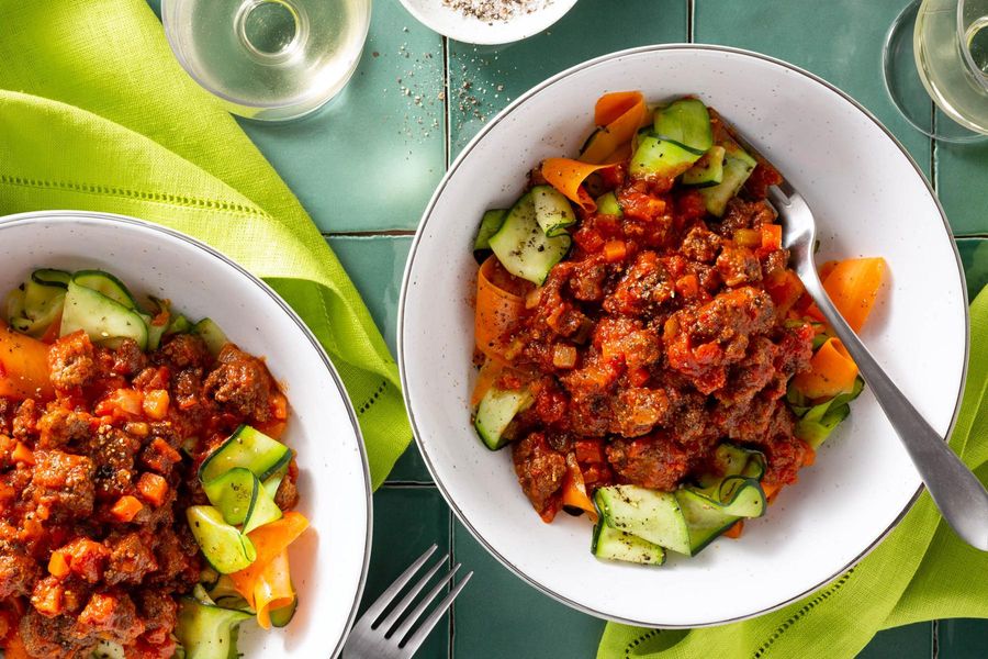 Bolognese over zucchini and carrot ribbons