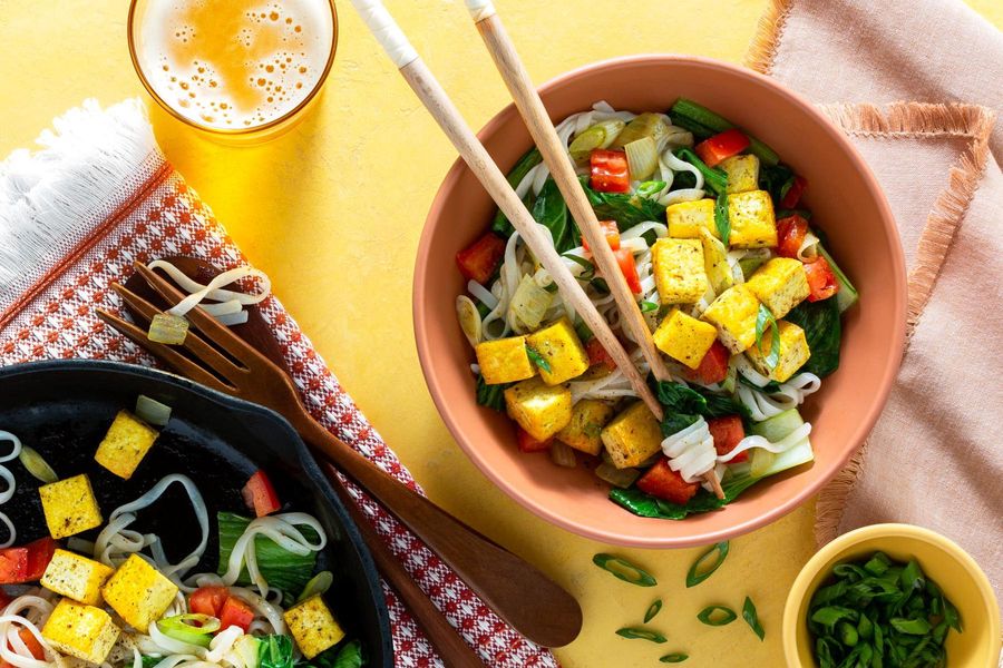 Burmese Shan noodles with tomatoes, scallions, and baby bok choy