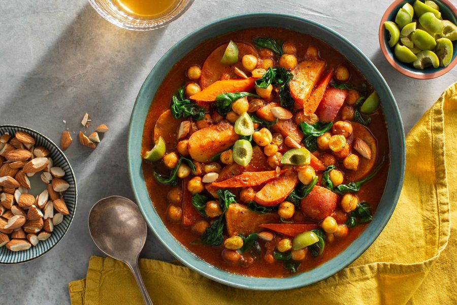 Moroccan root vegetable and chickpea tagine with almonds and raisins
