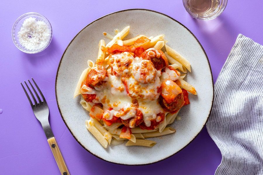 Quinoa penne with spicy arrabbiata, Italian sausage, and bell peppers