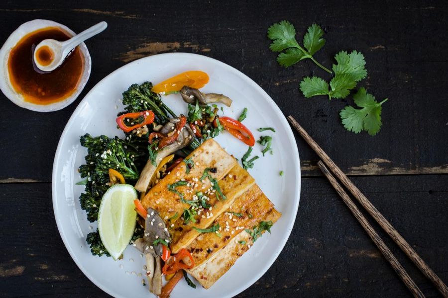 Marinated tofu with broccolini and oyster mushrooms