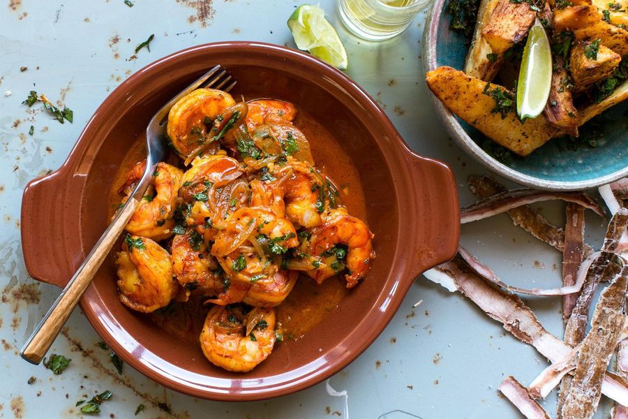 Yucatan-style shrimp with crisp cassava asado wedges