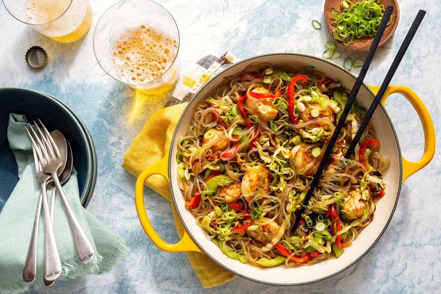Korean japchae with glass noodles and vegetables