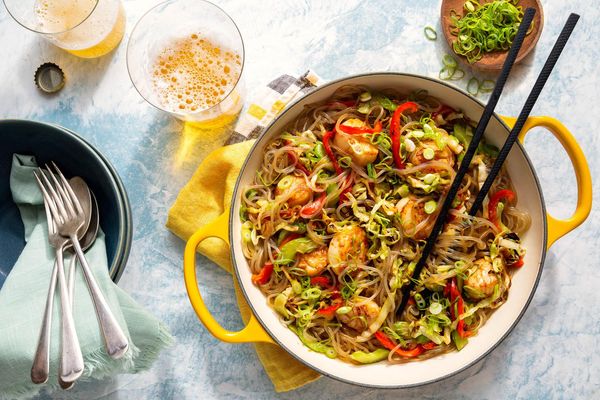 Korean chicken japchae with glass noodles and vegetables
