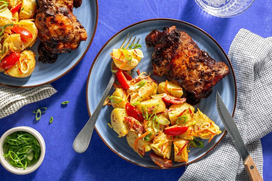 Blueberry BBQ chicken with warm Dijon-horseradish potato salad