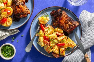 Blueberry BBQ chicken with warm Dijon-horseradish potato salad