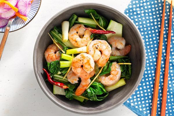 Ginger chicken and bok choy stir-fry with pickled daikon salad