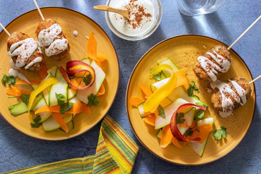 Mediterranean kebabs with carrot and squash ribbon salad