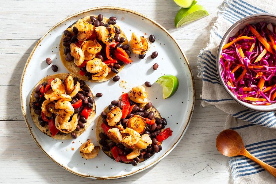 Havana shrimp mojo tostadas with cabbage slaw