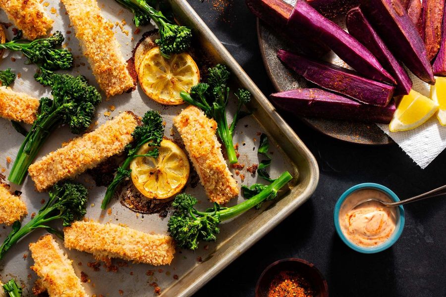 Crispy salmon tenders with togarashi fries and baby broccoli