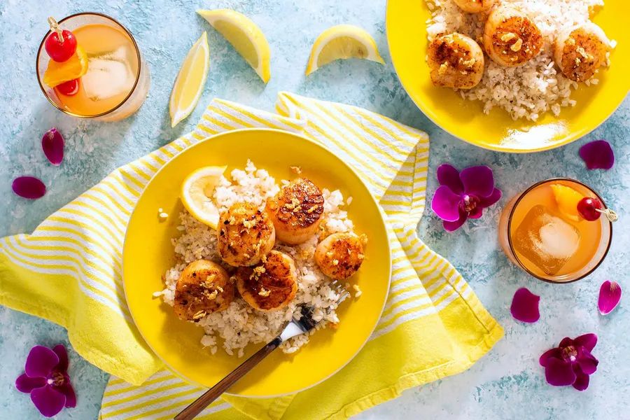 Hawaiian garlic shrimp or your choice of protein over coconut rice