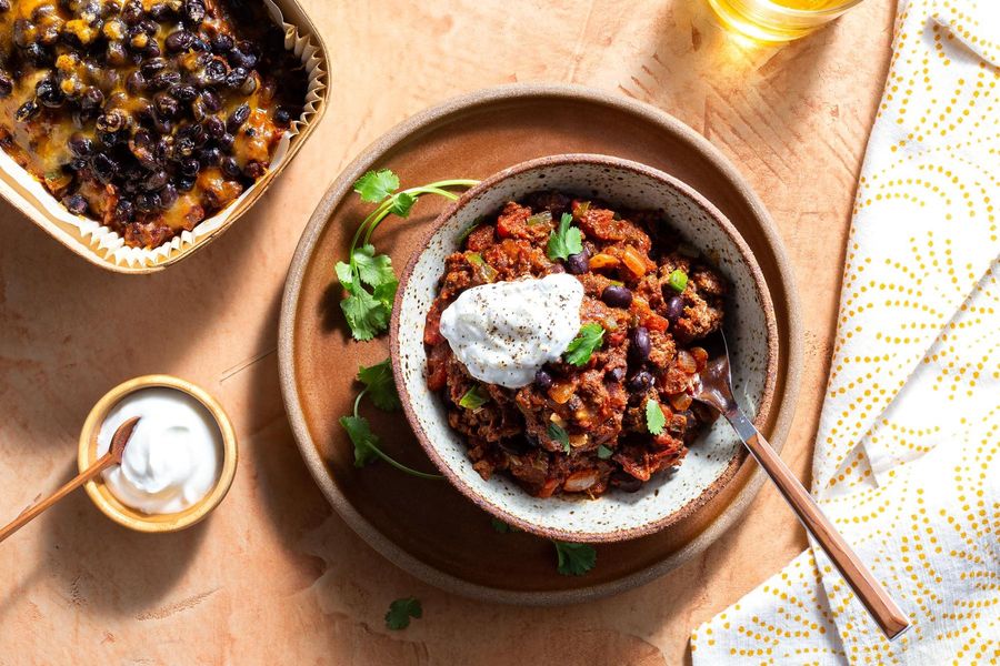 Beef chili with cheddar and Greek yogurt