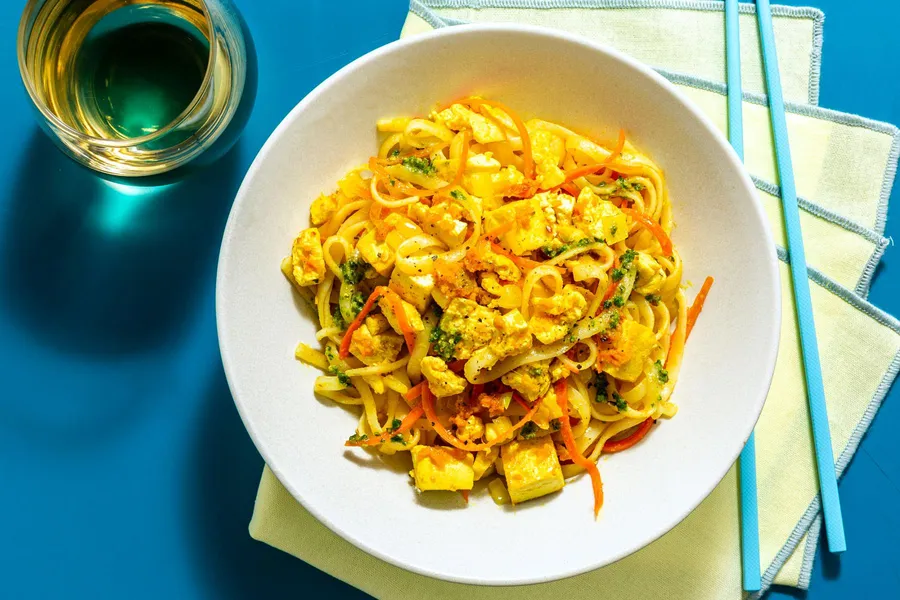 Lemongrass tofu and rice noodles with basil-cilantro puree