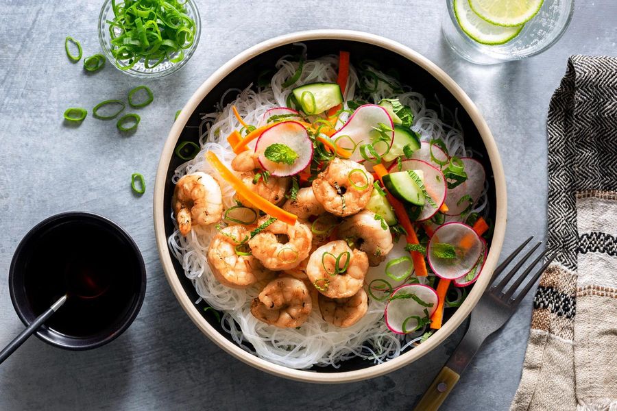Saigon noodle bowls with cucumber-radish salad and scallion oil