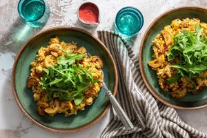 Risotto with crispy tofu, yellow squash, and sun-dried tomatoes