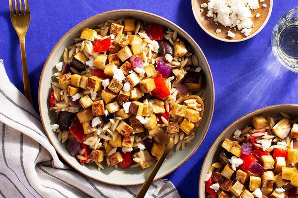 Lemony orzo with chicken, roasted eggplant, and bell pepper
