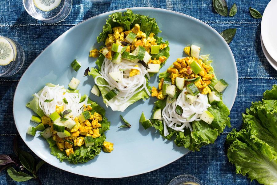 Lemongrass-tofu lettuce cups with cucumber-apple salad