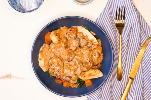 Potato & Cheddar Pierogi with Mushroom Cream Sauce, Butternut Squash and Spinach