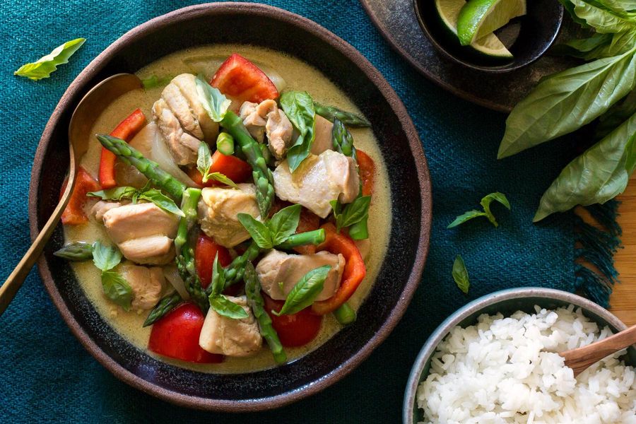 Thai green chicken curry with asparagus and jasmine rice